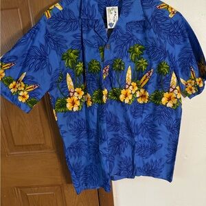 Blue Hawaiian Shirt with Yellow Floral and Surf Board Design L